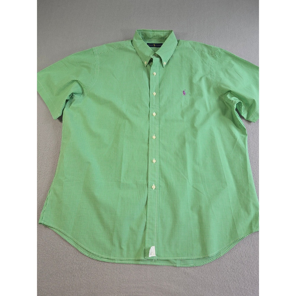 Ralph Lauren Button Down Shirt Mens XL Green Gingham Short Sleeve Cotton Logo